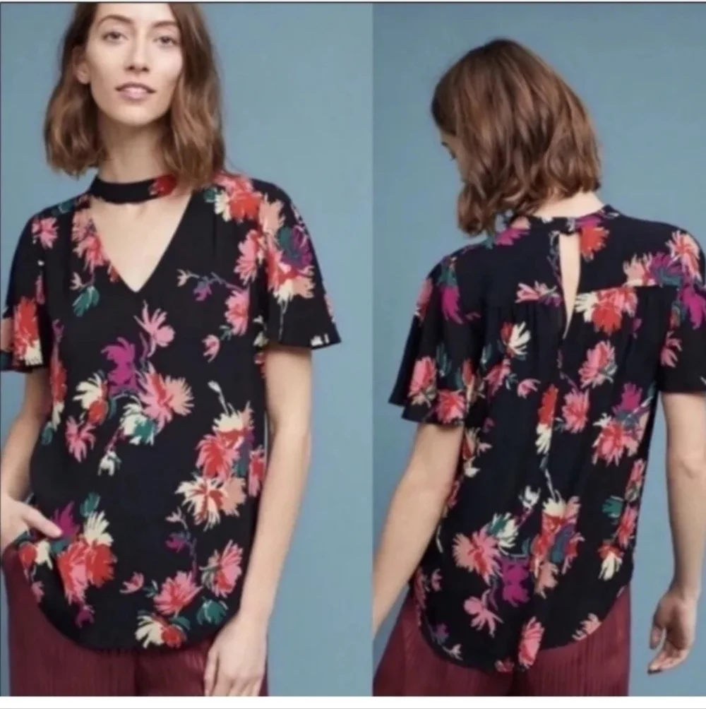 ANTHROPOLOGIE Maeve Black Bella Floral Choker Top Size L